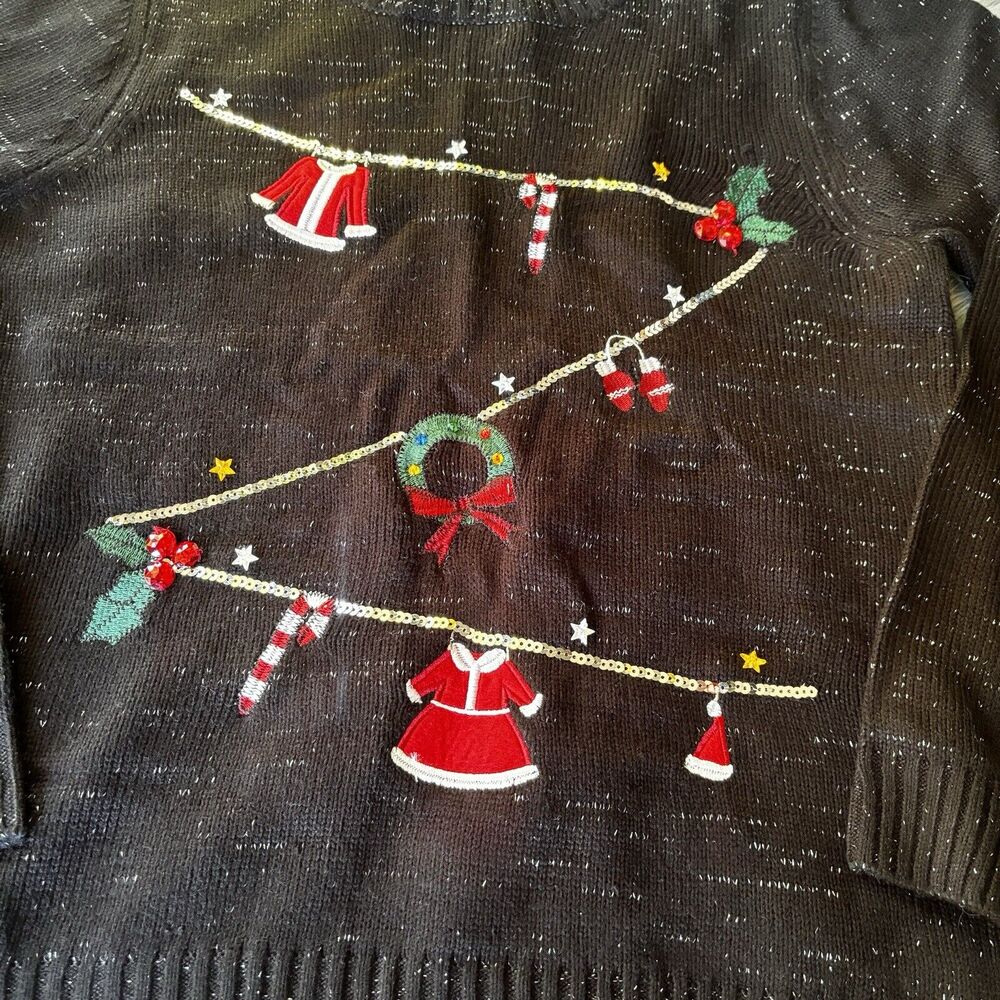 Karen Scott Sweater Sz L Embellished Metallic Christmas Whimsy Black Festive - Picture 2 of 9